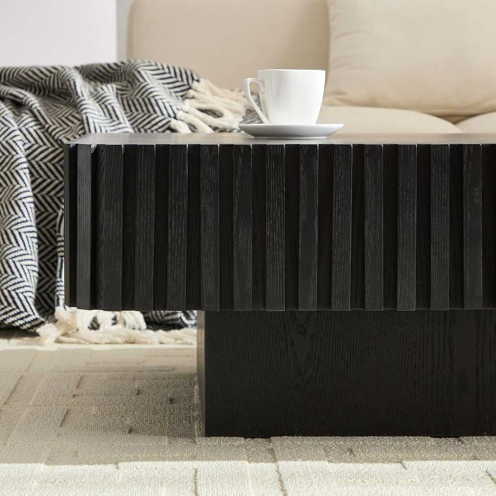 35.43'' Square Coffee Table for Living Room Fluted Coffee Table Modern Center Table with Pedestal for Apartment Black