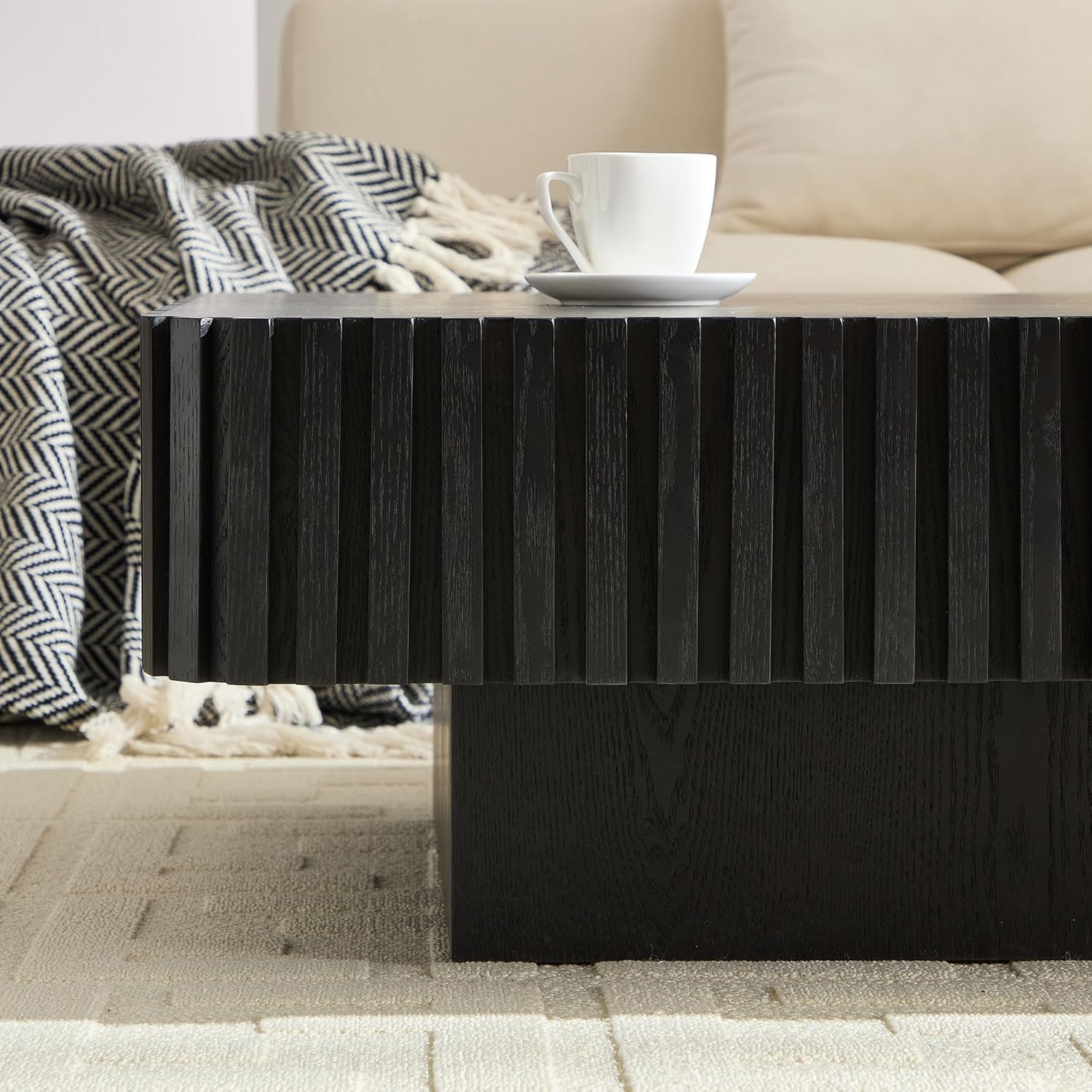 35.43'' Square Coffee Table for Living Room Fluted Coffee Table Modern Center Table with Pedestal for Apartment Black