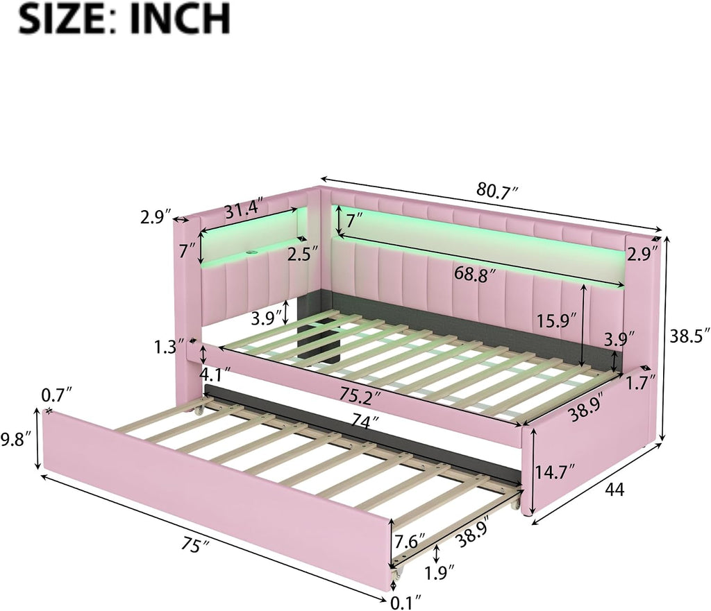 L-Shaped Upholstered Daybed with Trundle and USB Ports & LED,Day Bed with Storage Shelves Headboard,Sleeper Sofa Couch for Living Room-Twin Size,Pink