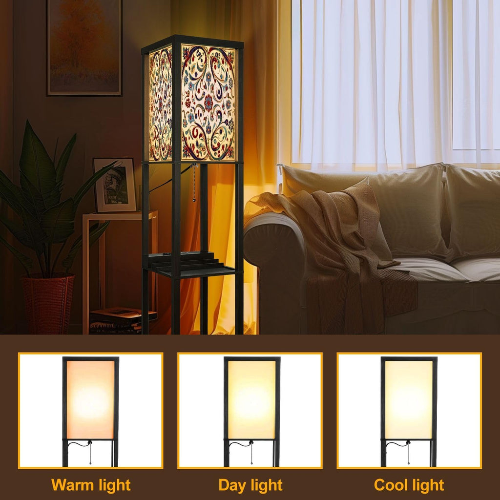 Floor Lamp with Shelves Red Blue Green Turkish Seamless Pattern Luxury Floral Ornament Standing Tall Lamp USB Ports & Power Outlet Modern Corner Lamp Nightstand Light for Living Room Bedroom