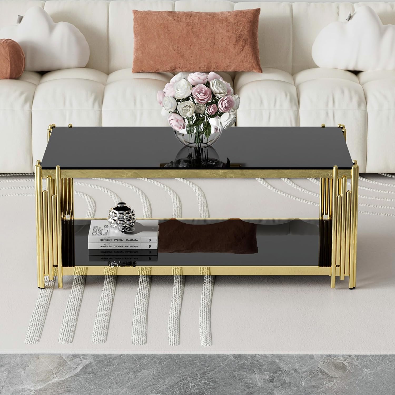 Black Glass Coffee Table 43' Modern Living Room Table Gold Stainless Steel Metal Leg Rectangular Tempered Glass Luxury Center Tables for Home Office