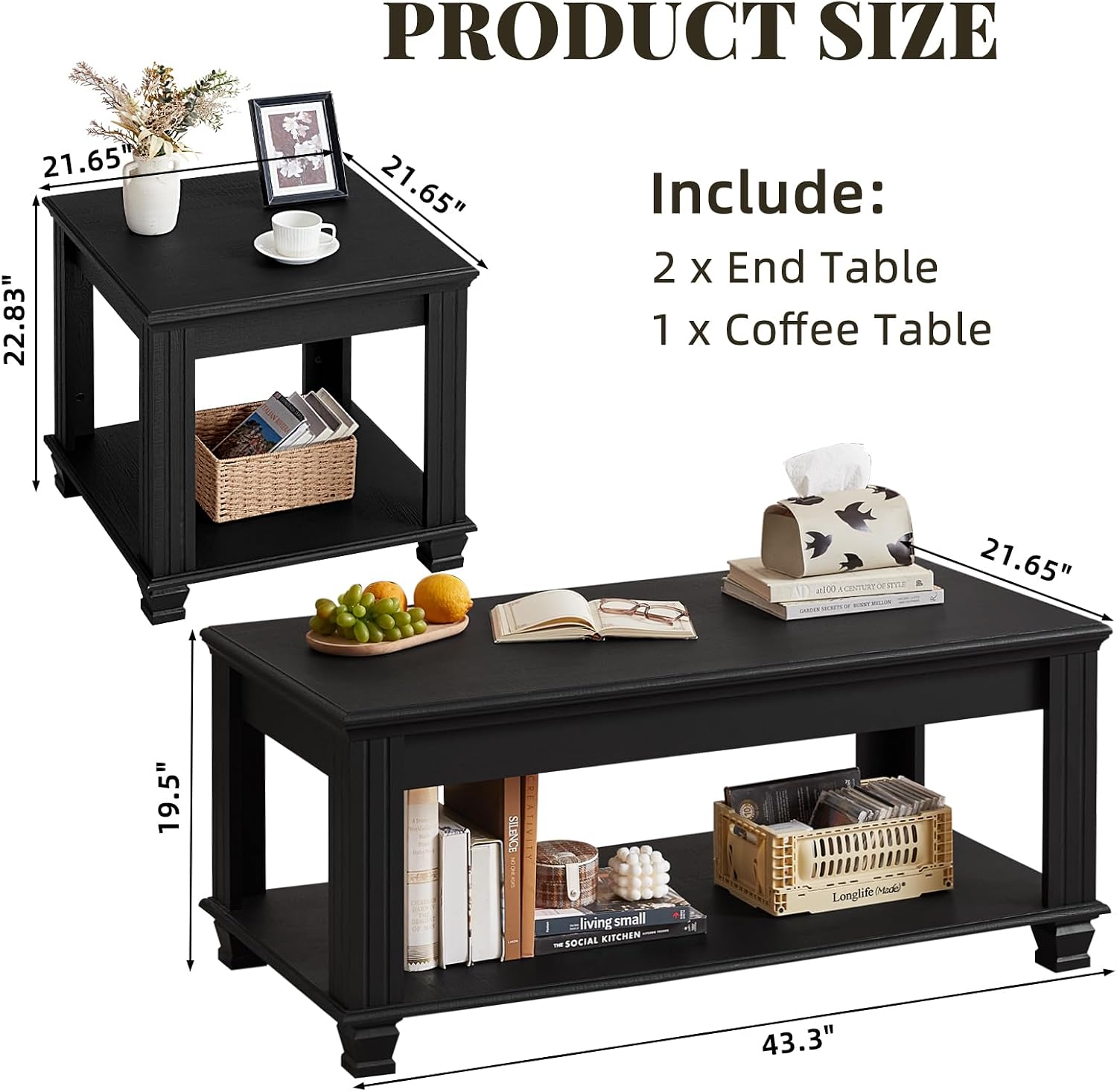 SAVOR LIFE Farmhouse Coffee Table Set of 3,Rustic Wooden Living Room Table Set,Large Coffee/End Side Tables with Open Shelf for Living Room,Black