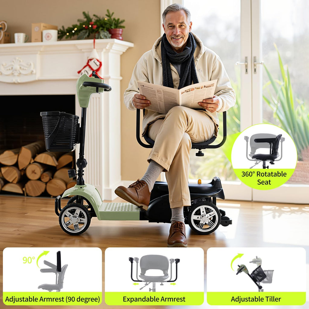 SAYYEAH 4 Wheels Mobility Scooter for Adults&Seniors, Max Speed:6mph, Mobility Scooter for Travel, with LED Headlights and Basket, Charger Included, (Purple/red/Blue/Silver) (Green)