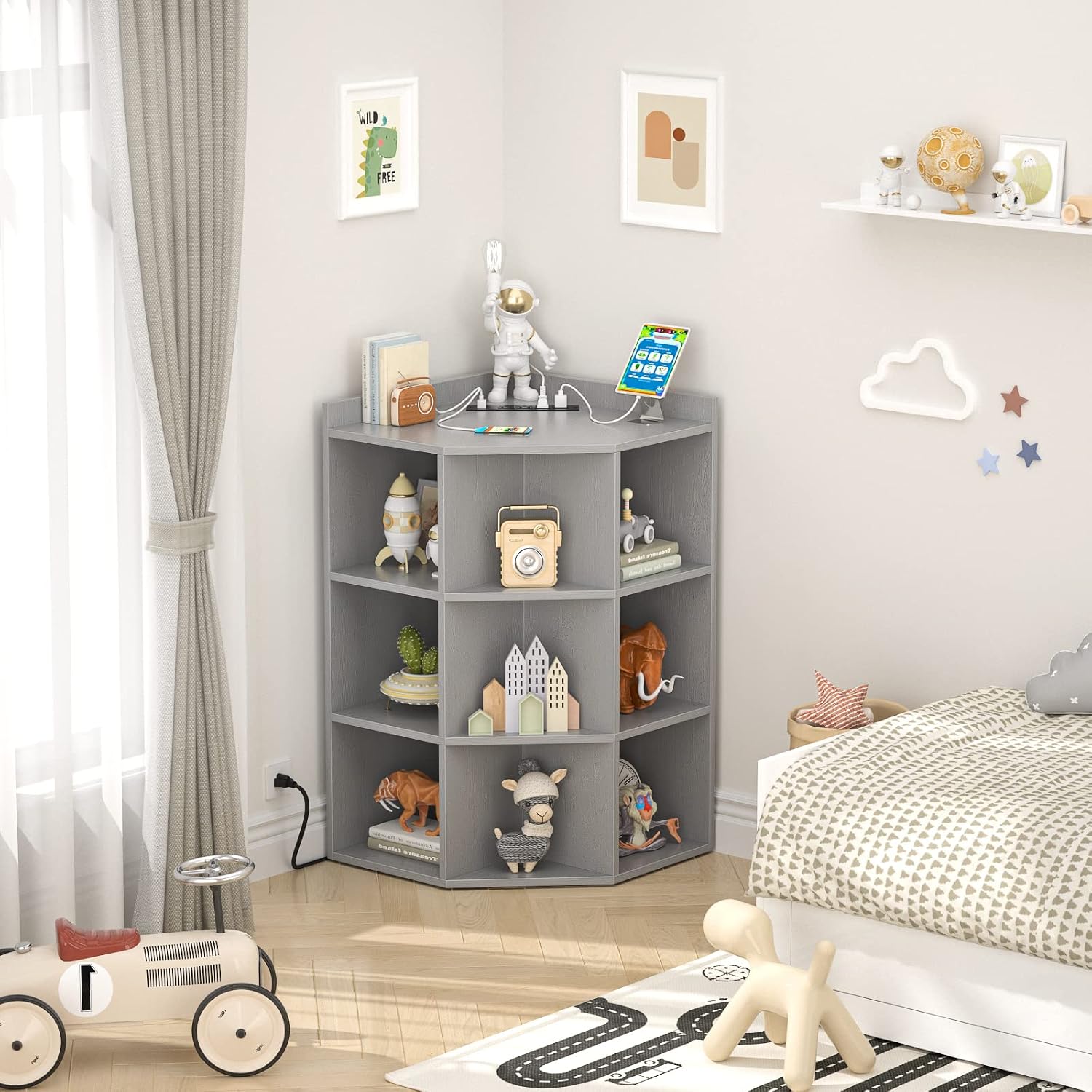 Aheaplus Corner Cabinet, Corner Storage with USB Ports and Outlets, Corners Cube Toy Storage for Small Space, Wooden Corners Cubby Bookshelf with 9 Cubes for Playroom, Bedroom, Living Room, Grey