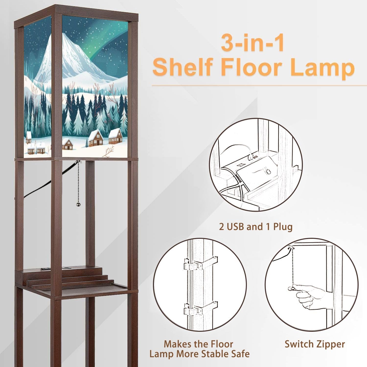 Floor Lamp with Shelves Snow Capped Mountain Wooden Cabins Crisp White Forest Standing Tall Lamp USB Ports & Power Outlet Modern Corner Lamp Nightstand Light for Living Room Bedroom