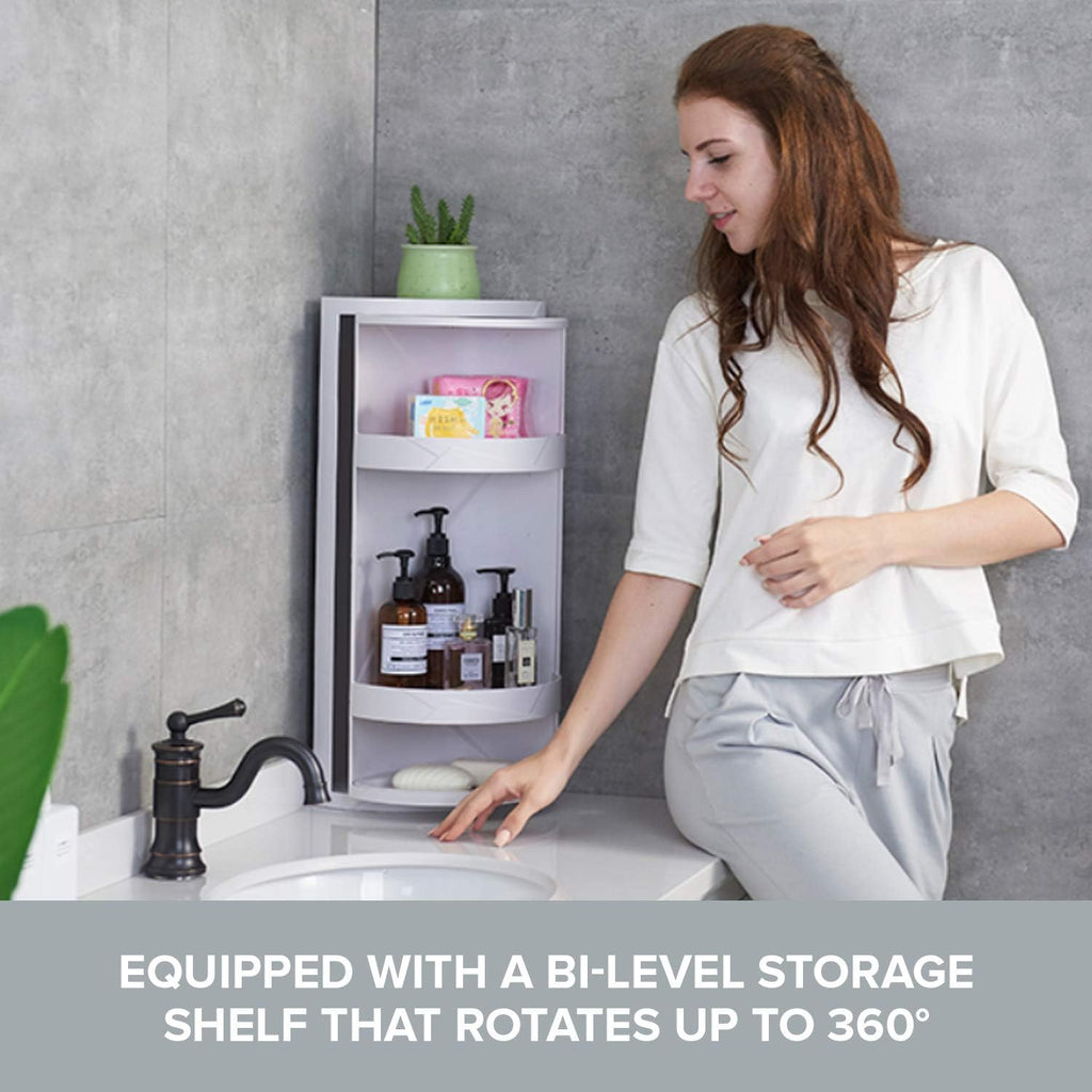 Bathroom Storage Corner Vanity Cabinet 24'x8.75'x8.75' Space Saver Rotating Organizer - 2-Tiered Storage Cabinet Countertop Storage or Wall Shelf - White Corner Shelf - Hidden Storage Rack