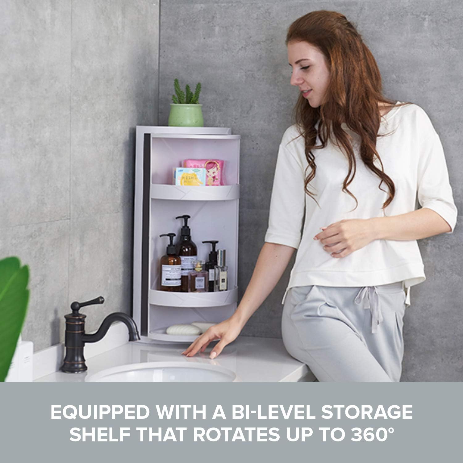 Bathroom Storage Corner Vanity Cabinet 24'x8.75'x8.75' Space Saver Rotating Organizer - 2-Tiered Storage Cabinet Countertop Storage or Wall Shelf - White Corner Shelf - Hidden Storage Rack