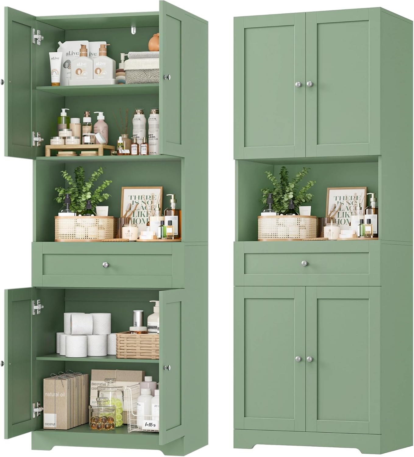 Tall Bathroom Storage Cabinets with Drawer, Modern Linen Cabinet with Doors & Shelves, 67'H Tall Storage Cabinet Freestanding for Bathroom, Dining Room, Kitchen & Pantry, Laundry, Narrow Corner, Green