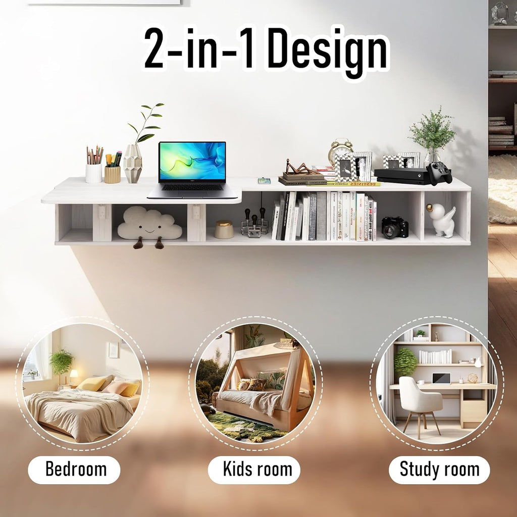Pmnianhua 70'' Floating Desk with Storage Shelves,Wall Mounted Desk Laptop Computer Writing Study Table for Bedroom Small Space(White)