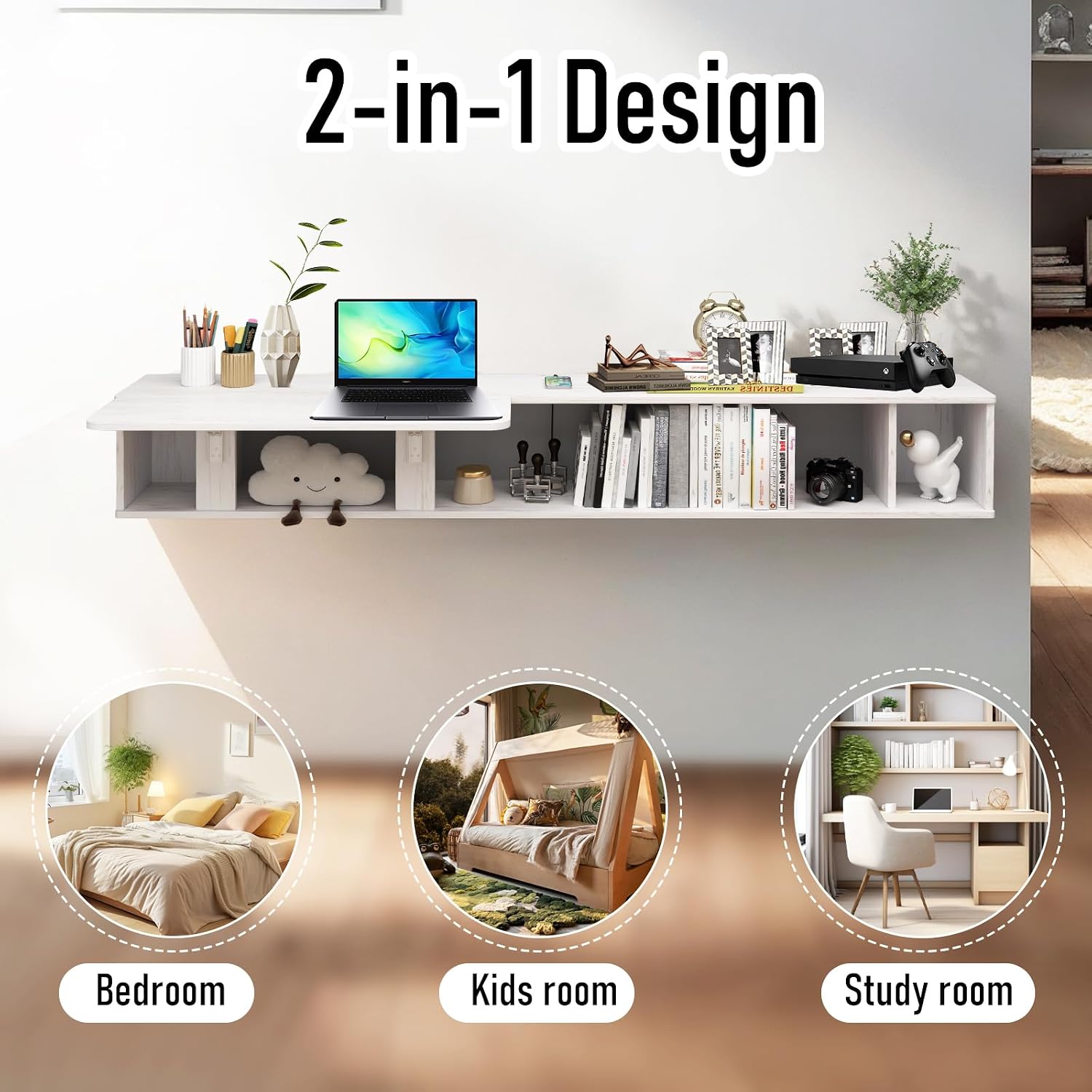 Pmnianhua 70'' Floating Desk with Storage Shelves,Wall Mounted Desk Laptop Computer Writing Study Table for Bedroom Small Space(White)
