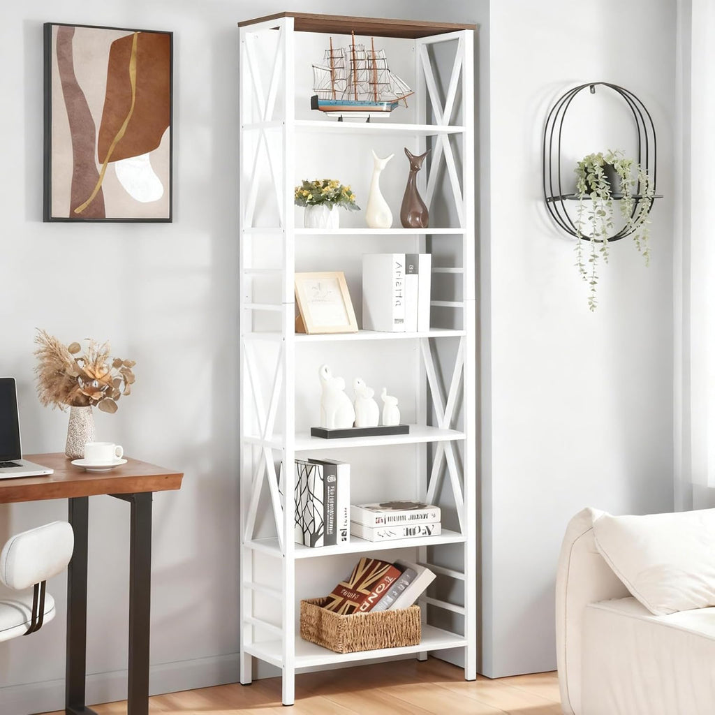 HOMISSUE Bookshelf, 7-Tier Bookshelf, Rustic Wood Metal Bookshelves and Bookcases, Freestanding Open Bookshelf, Industrial Tall Bookcase for Home Office, Living Room and Bedroom, White