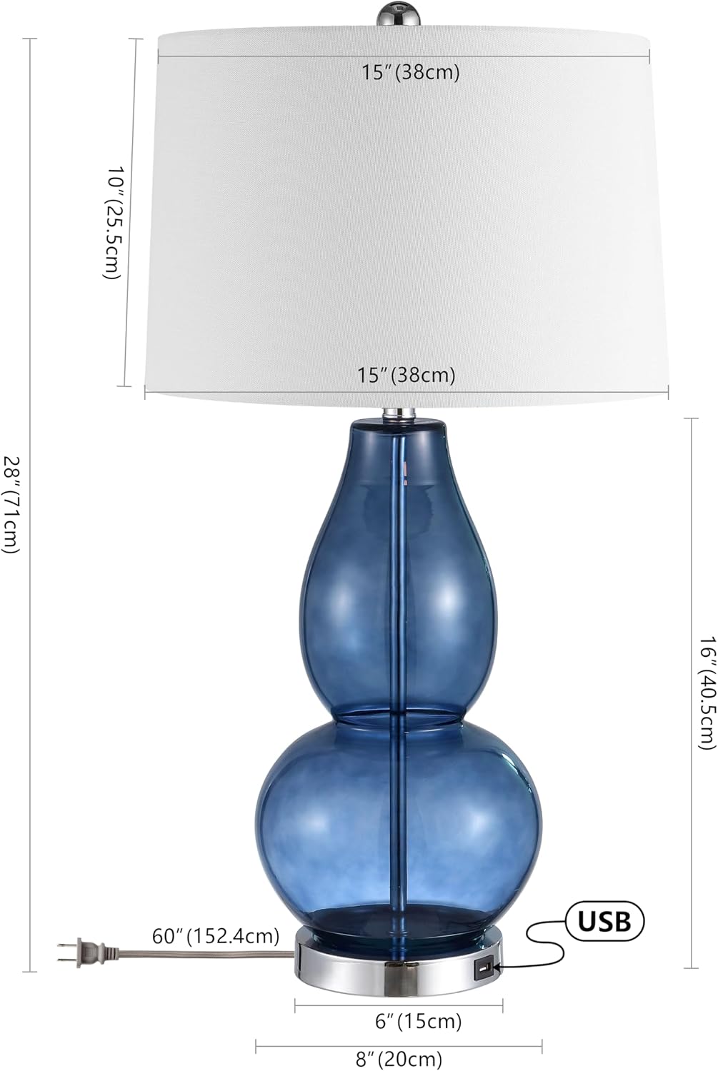 SAFAVIEH Lighting Collection Mercurio Blue Glass Double Gourd 28-inch Table Lamp Set of 2 with USB Charging Port (LED Bulbs Included)