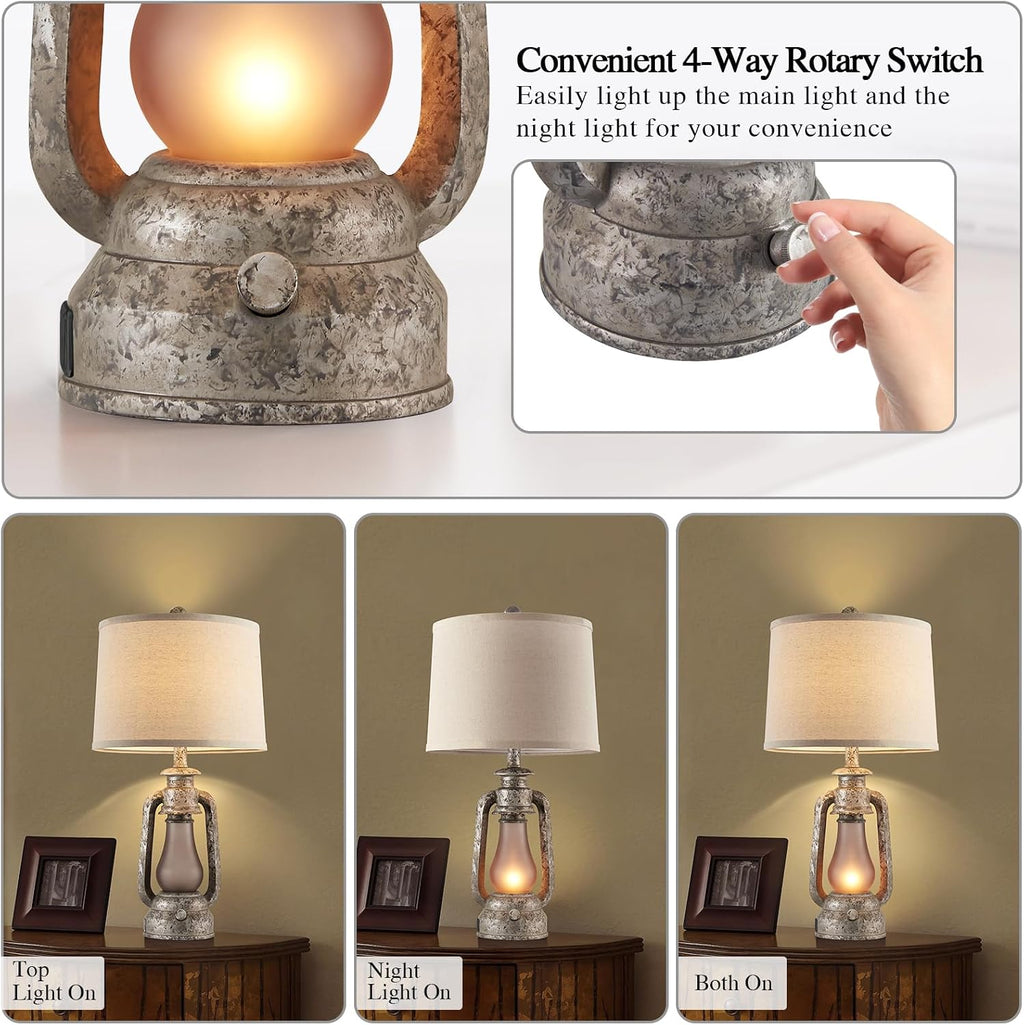 Farmhouse Rustic Table Lamps for Living Room Set of 2,Vintage Lantern Table Lamp with Dual USB Ports, 25' Tall Retro Bedside Lamp for Bedroom Nightstand, 4 Bulb Included (Iron Gray)