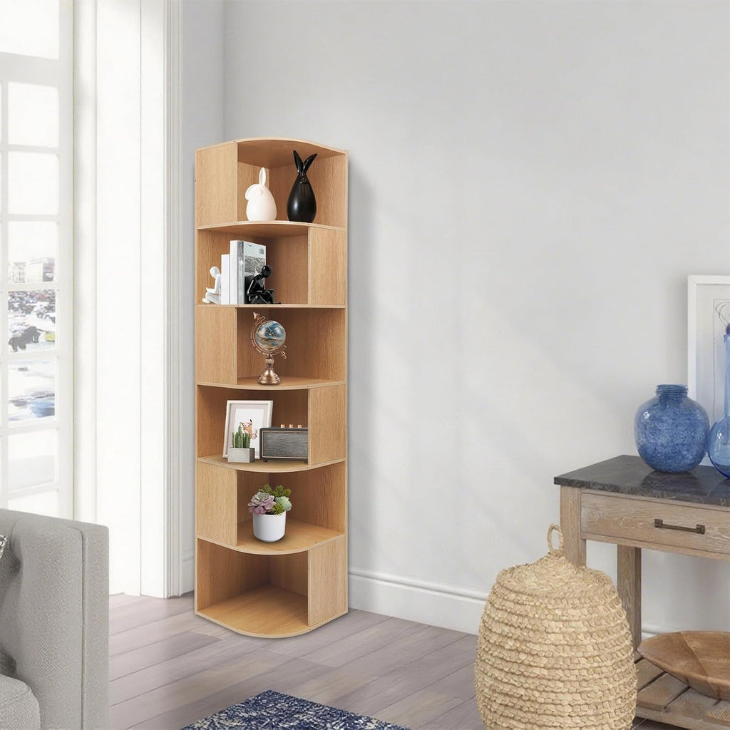 6 Tier Bookshelf Tower, 69.29'' Tall Floor-Standing Bookcase Display Cabinet, Wood Corner Book Shelf Organizer, Standing Bookshelf for Bedroom, Living Room, Study Room (Log Color)