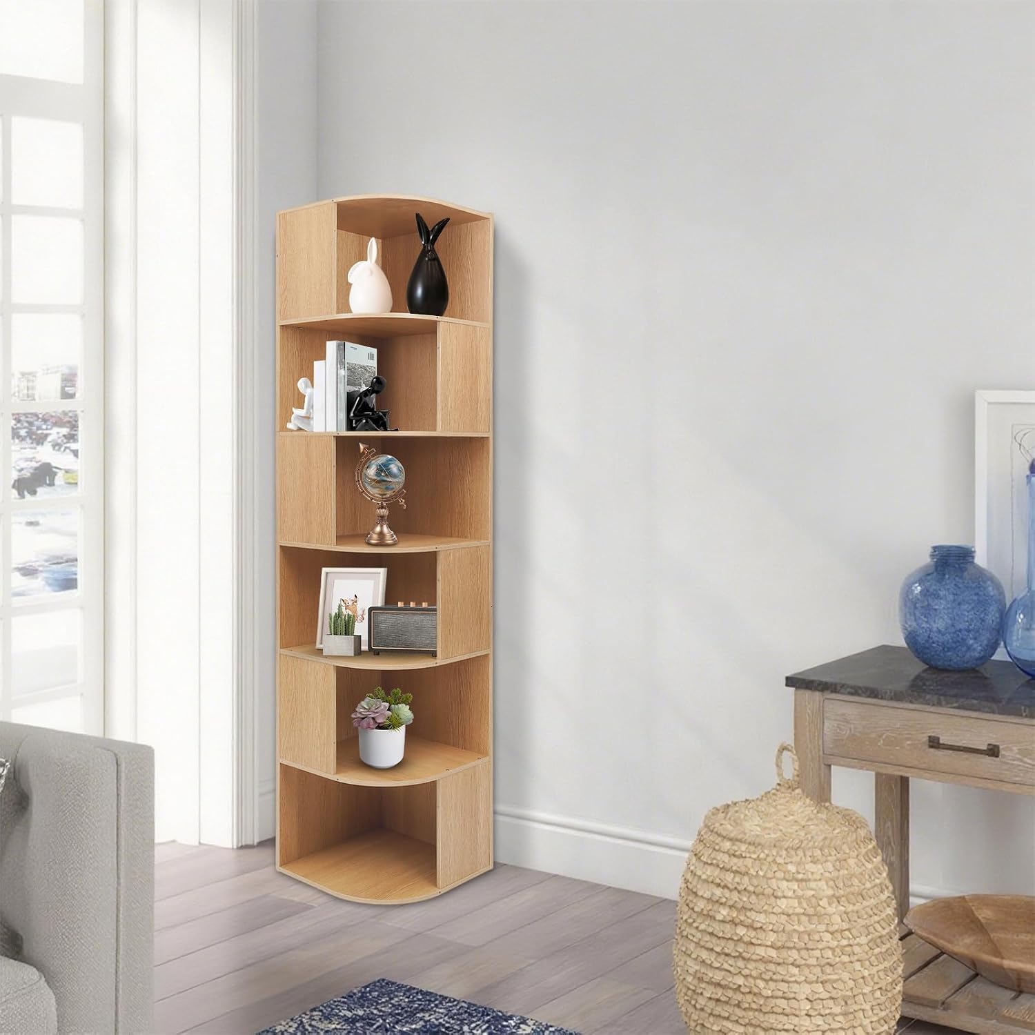 6 Tier Bookshelf Tower, 69.29'' Tall Floor-Standing Bookcase Display Cabinet, Wood Corner Book Shelf Organizer, Standing Bookshelf for Bedroom, Living Room, Study Room (Log Color)