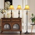 3 Piece Living Room Lamps, Vintage Table Lamp and Floor Lamp Set of 3, Stable Iron Base with Brown Fabric Shade for Bedroom Reading Room Office