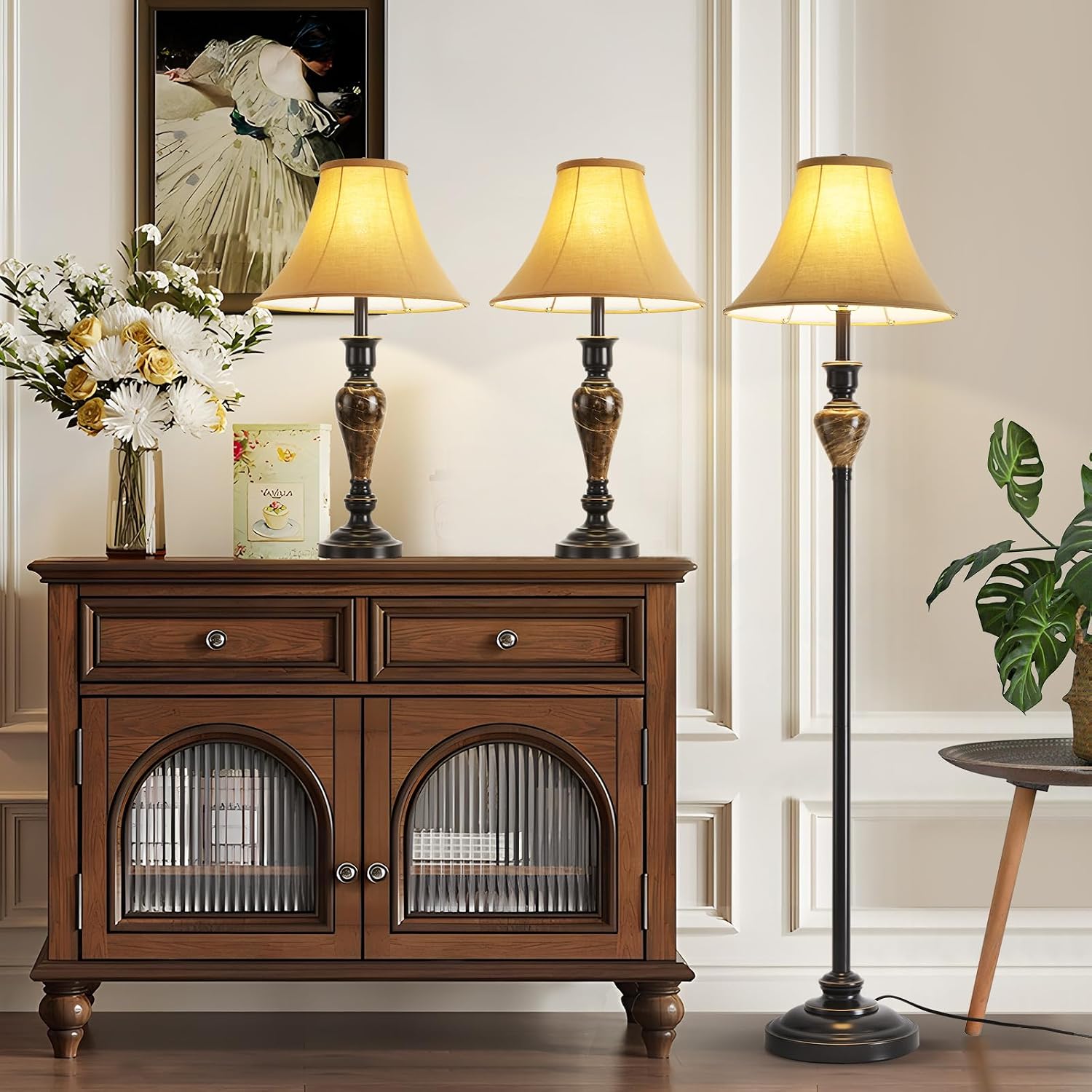 3 Piece Living Room Lamps, Vintage Table Lamp and Floor Lamp Set of 3, Stable Iron Base with Brown Fabric Shade for Bedroom Reading Room Office