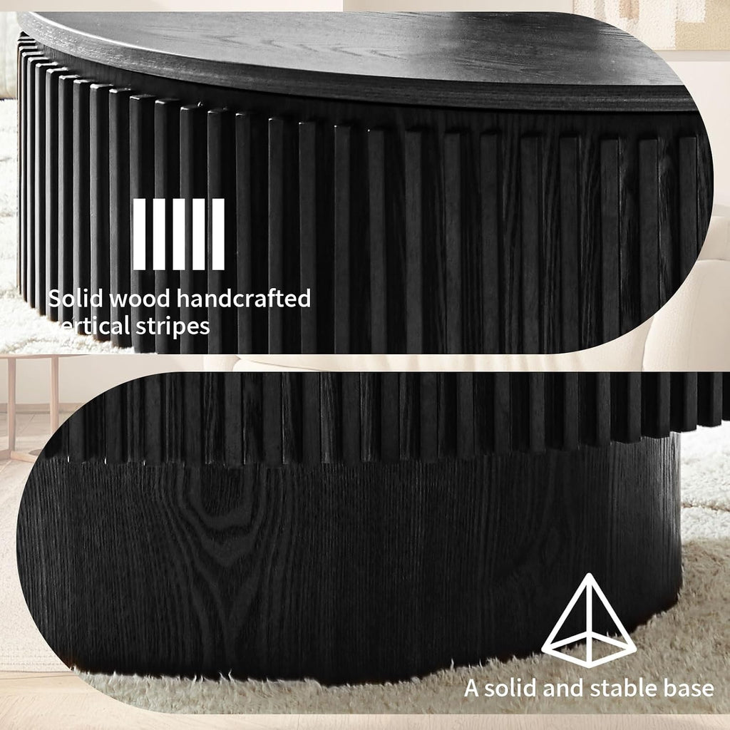 Round Coffee Table with Storage, Small Solid Wood Coffee Table for Living Room, Mid Century Modern Circle Center Tables for Small Space Apartment (31.5''D×14''H-Black)
