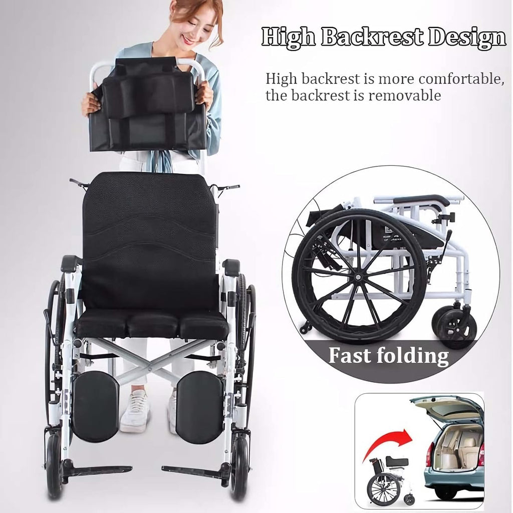 Full Reclining Wheelchair with High Back & Removable Headrest, Lightweight Foldable Manual Wheelchairs with Elevating Leg Rests, Fully Tiltable Scooter for The Disabled with Toilet, 18.5' Seat