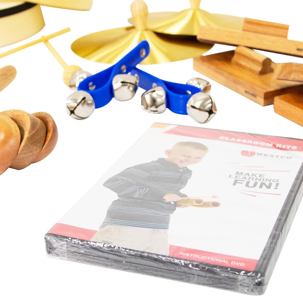 Westco WM20 Classroom Kit: 20-Player Percussion Set with Frame Drums, Maracas, Tambourines, Cymbals, Rhythm Sticks & More. Includes 'Make Learning Fun' DVD & Storage Container.