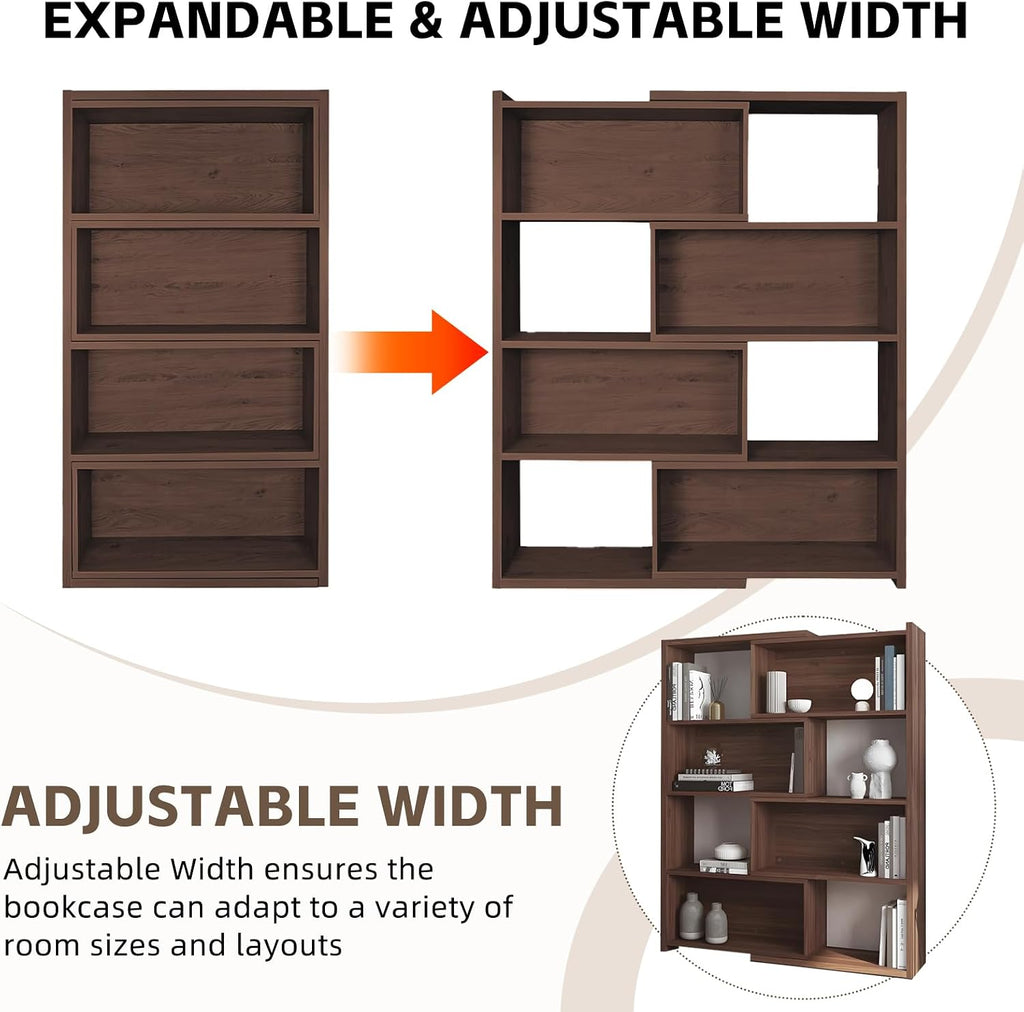 Expandable 3-in-1 Convertible Bookcase with Adjustable Width, Corner & Straight Shelf Design, 4-Tier Modern Storage Organizer, Space-Saving (Grey, 23.6' × 11.8' × 63.0')