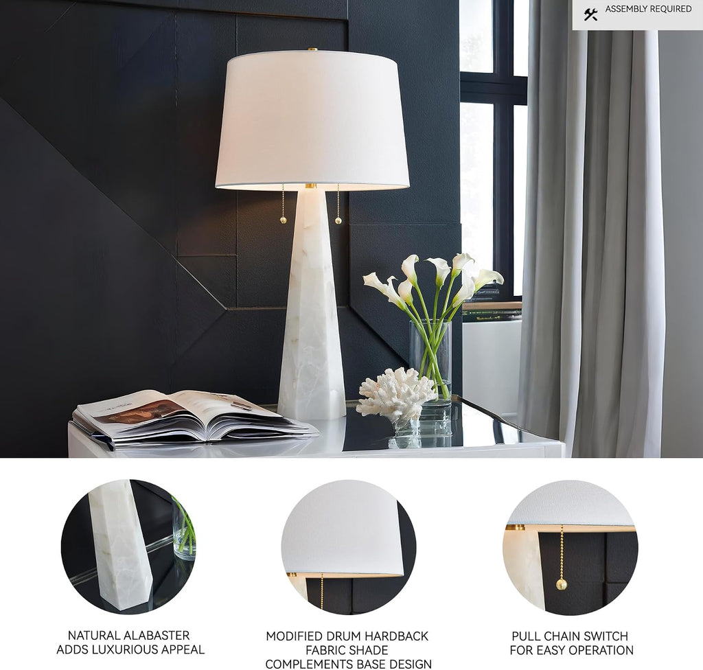 Signature Design by Ashley Laurellen Contemporary Table Lamp with 2 Sockets and Pull Chain Switch, Fabric Shade, Resin and Alabaster, 23.25' High, White