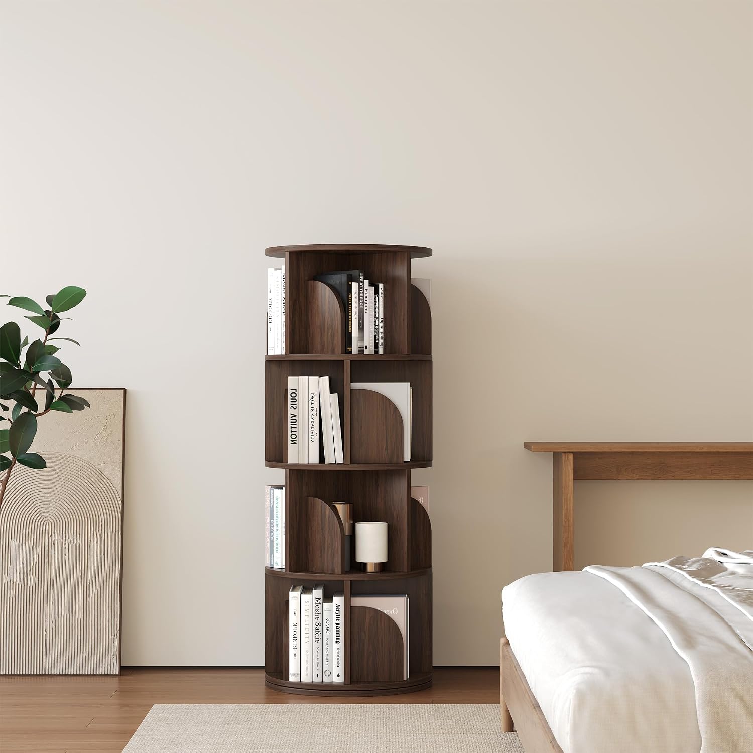 YOWOS Rotating Bookshelf, Small Corner Bookshelf for Small Space, 360 Display Floor Standing Bookcase Storage Rack, Wood Narrow Book Shelf Organizer for Bedroom, Living Room (Walnut, 4 Tiers)