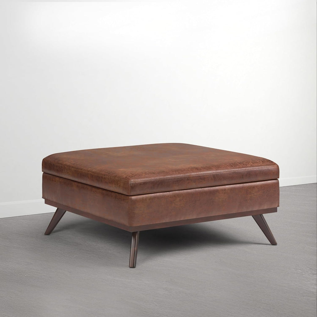 SIMPLIHOME Owen XL Coffee Table Storage Ottoman - 40 inch Wide Upholstered Vegan Leather Square Ottoman in Distressed Pecan Brown, Mid-Century Modern Ottoman for Living Room with Lift-Up Lid