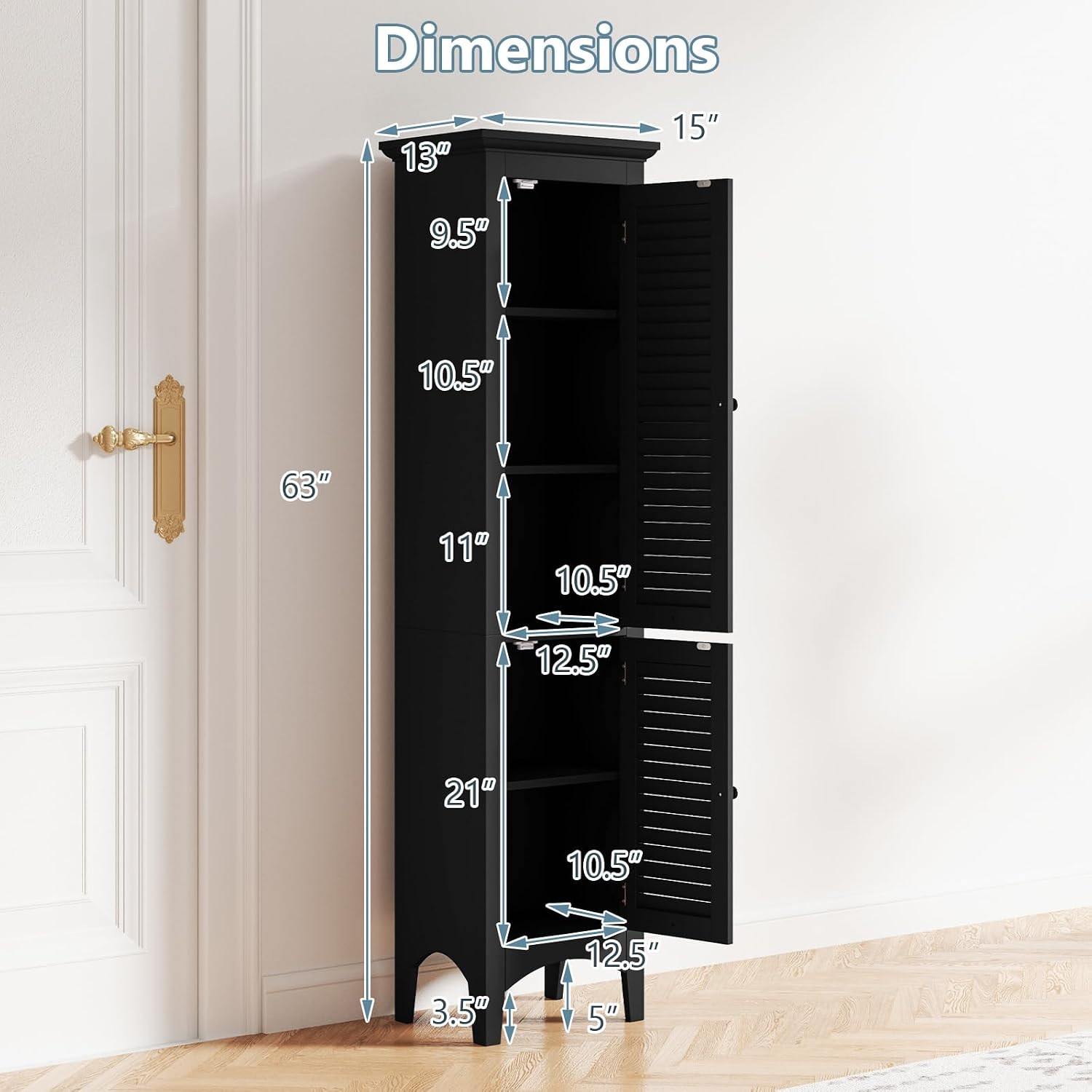 Giantex 63' Tall Bathroom Cabinet, Narrow Floor Cabinet w/ 2 Louvered Doors & Adjustable Shelf, Elevated Legs & Anti-toppling Design, Freestanding Storage Organizer for Bathroom, Living Room, Kitchen