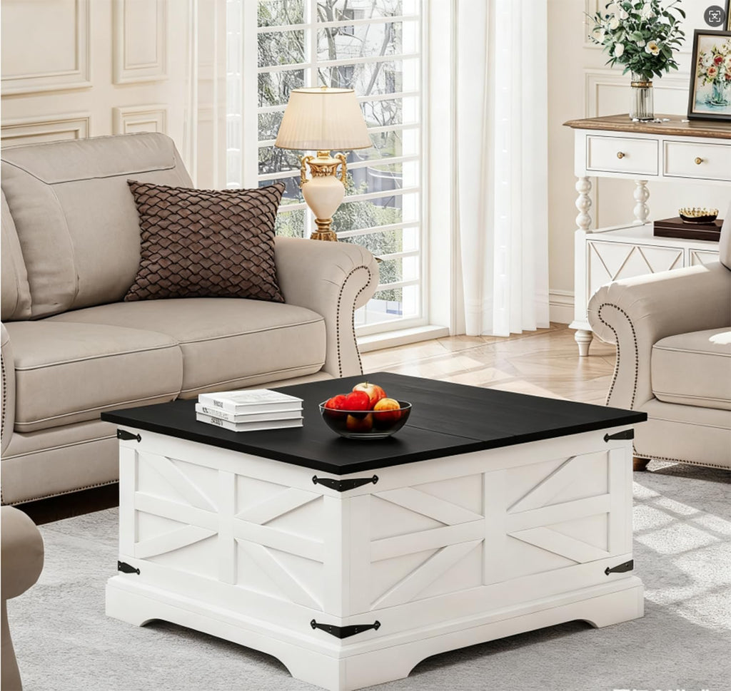 Farmhouse Coffee Table with Large Hidden Storage, Square Wood Living Room Tables, Multi-Function Lift Wooden Barn Door Center Table (White& Black)