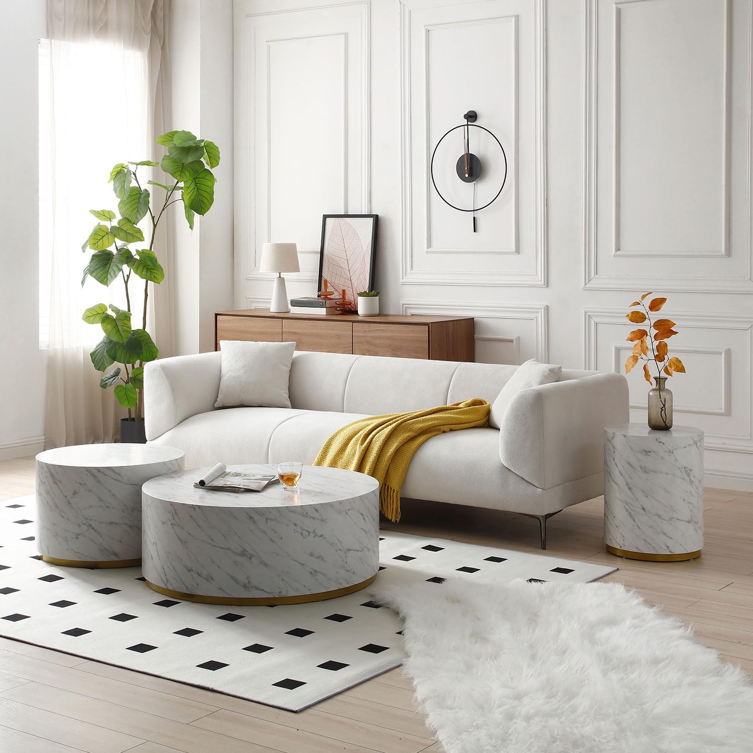 23.62' D Round Coffee Table Black End Table Side Table Living Room Table Sets, Industrial Cocktail Table, Circle Drum Wood Modern Contemporary Coffee Table for Apartment Office, White & Gold