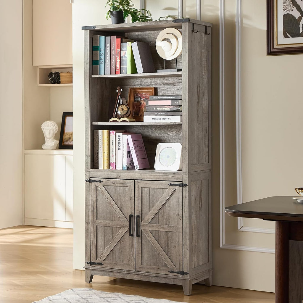 Joaxswe 70in Tall Bookshelf 5 Tier Bookcase with Barn Doors and Adjustable Shelves, Grey Farmhouse Book Shelf with Storage Cabinet, Wood Freestanding Display Bookshelves for Bedroom, Kitchen (2 PCS)