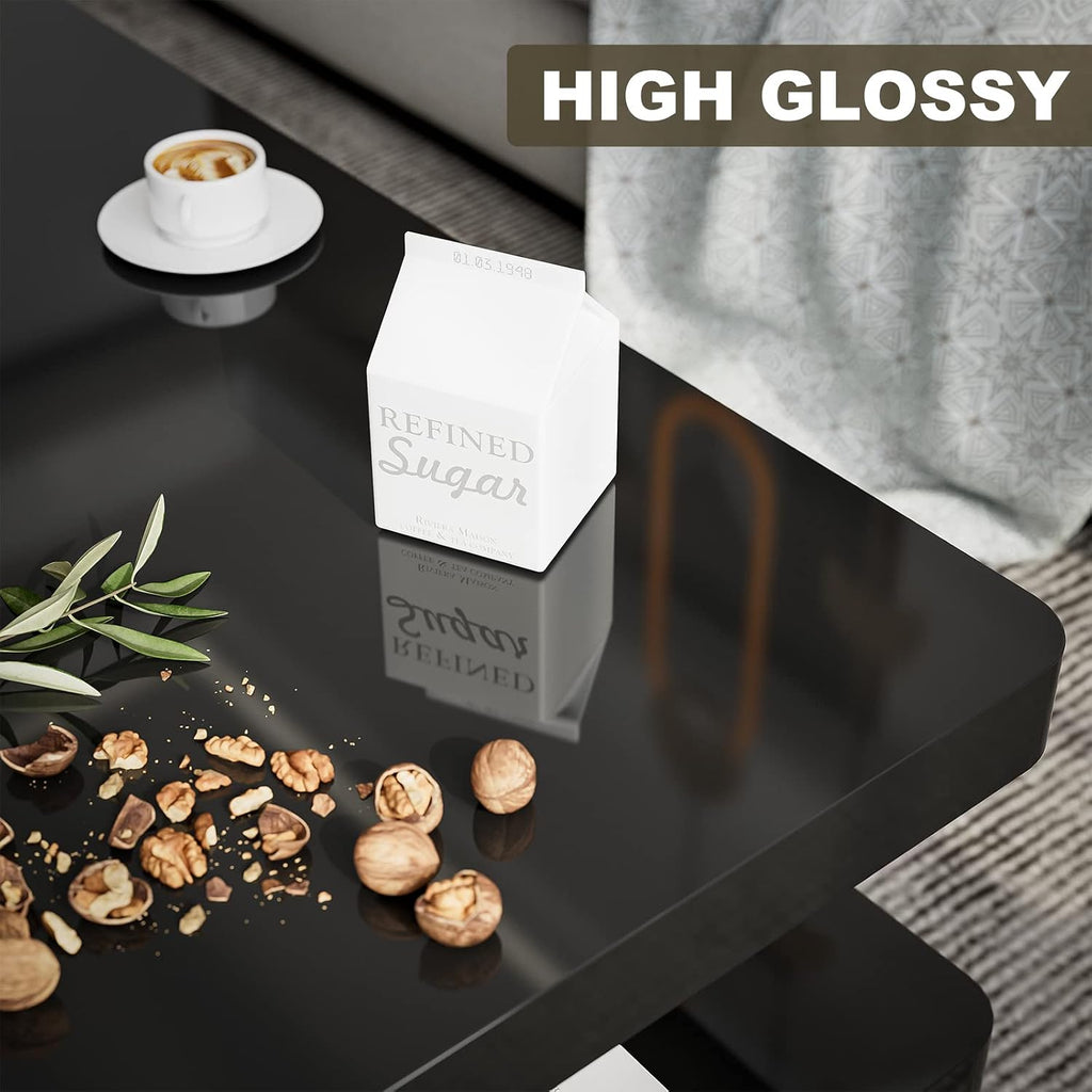IKIFLY LED High Glossy Coffee Table, Modern Coffee Table for Living Room, 2 Tiers Rectangle Design Table with 16 Colors LED Lights Black