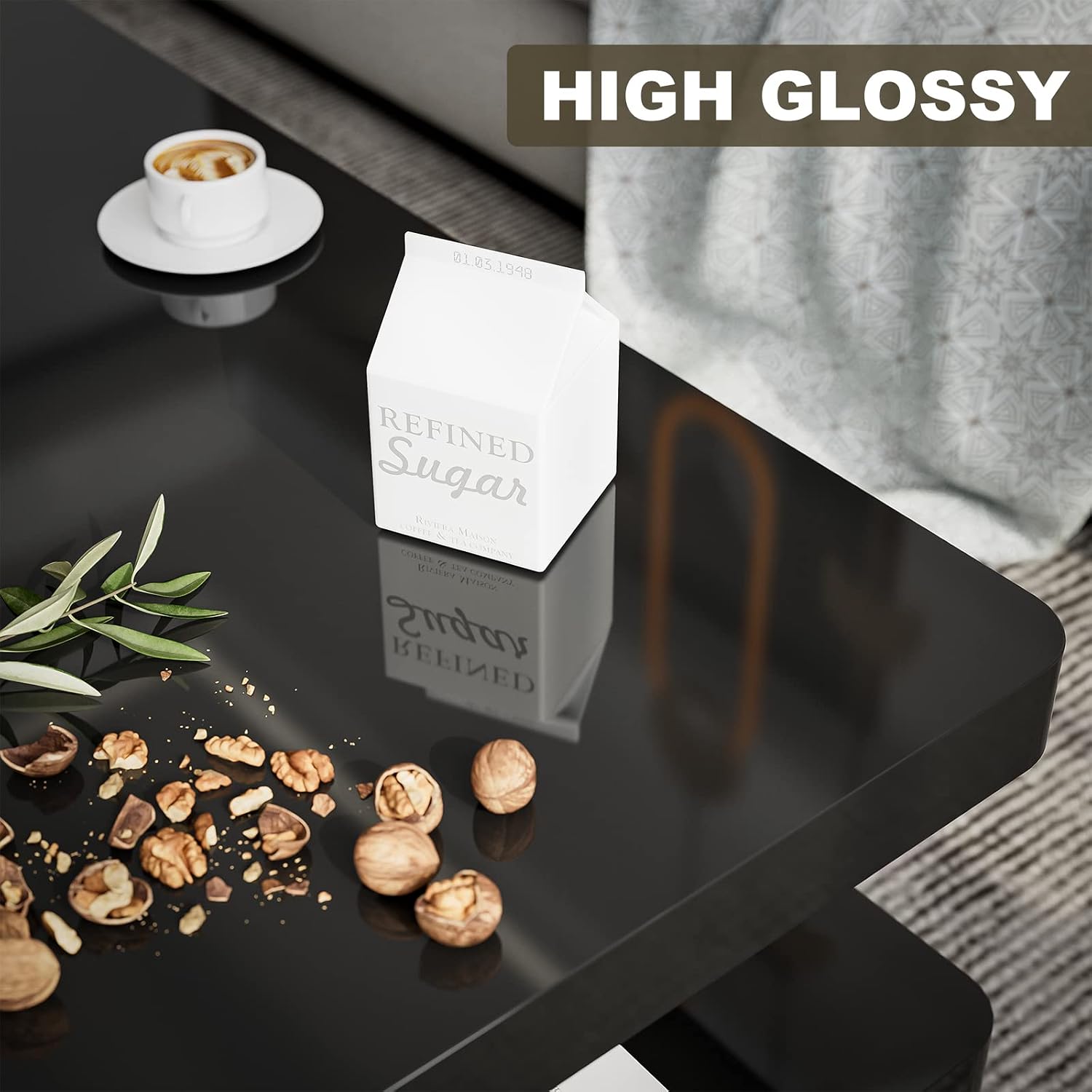 IKIFLY LED High Glossy Coffee Table, Modern Coffee Table for Living Room, 2 Tiers Rectangle Design Table with 16 Colors LED Lights Black