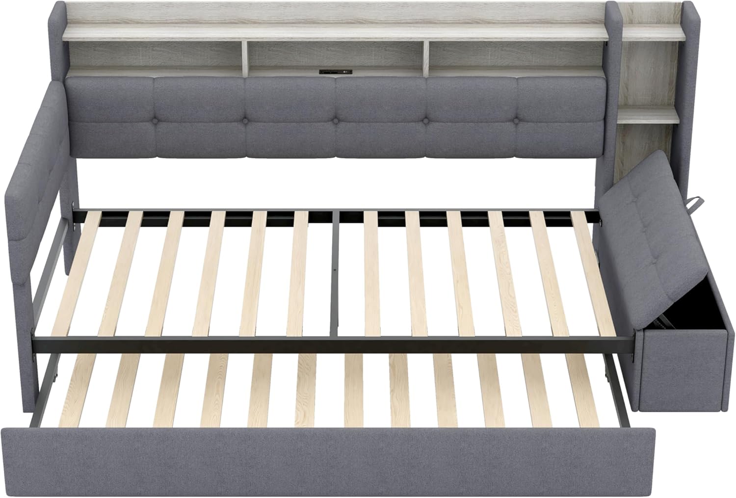Twin Size Upholstery Daybed with Storage Footstool and Shelves, Solid Wood Platform Corner Bed with Trundle, USB Charging and LED Light for Bedroom Apartment (Grey-993)