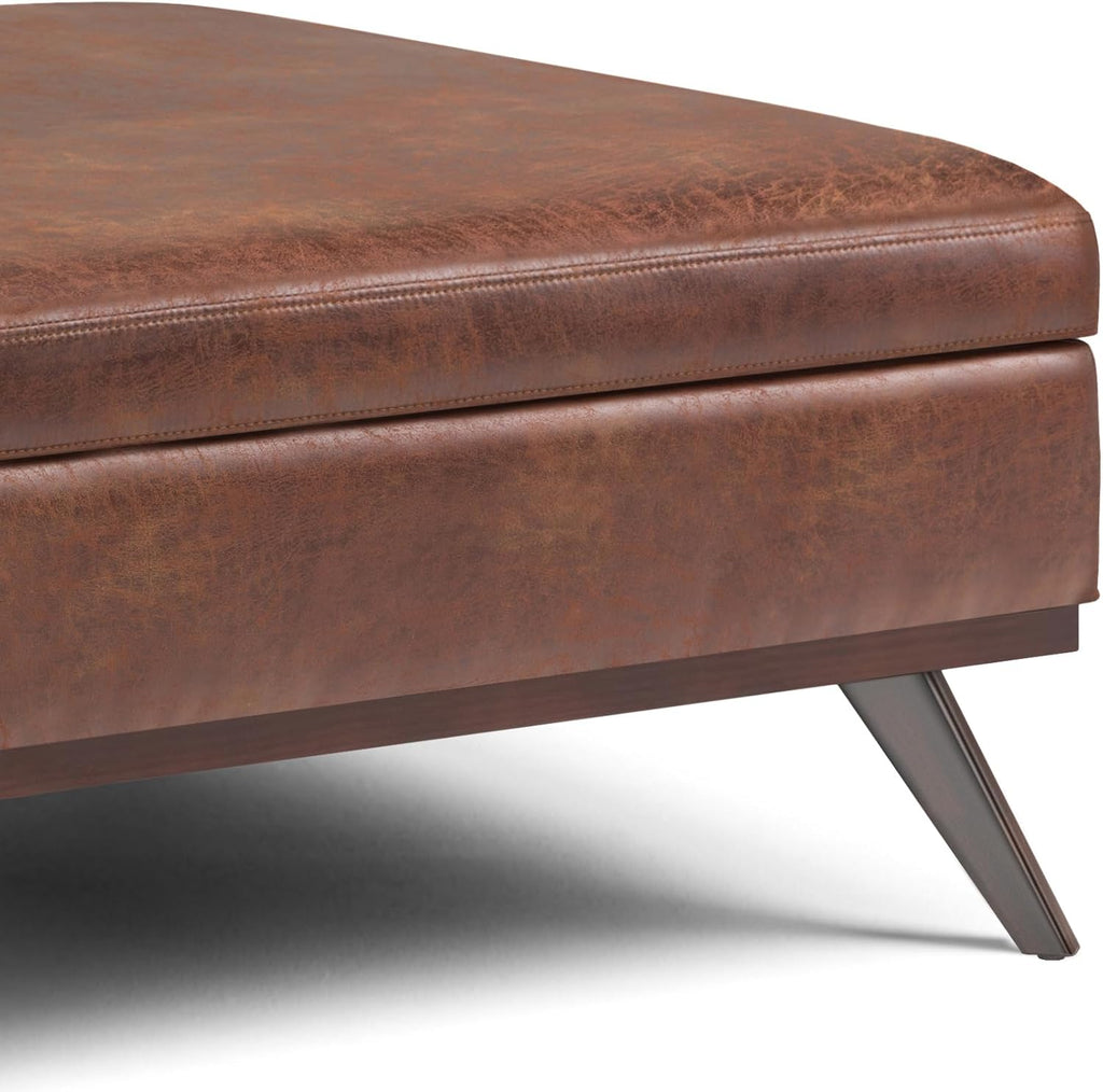 SIMPLIHOME Owen XL Square Coffee Table Storage Ottoman - 40 inch Wide Upholstered Vegan Leather Lift-Top Ottoman in Distressed Saddle Brown, Mid-Century Modern Ottoman for Living Room with Storage