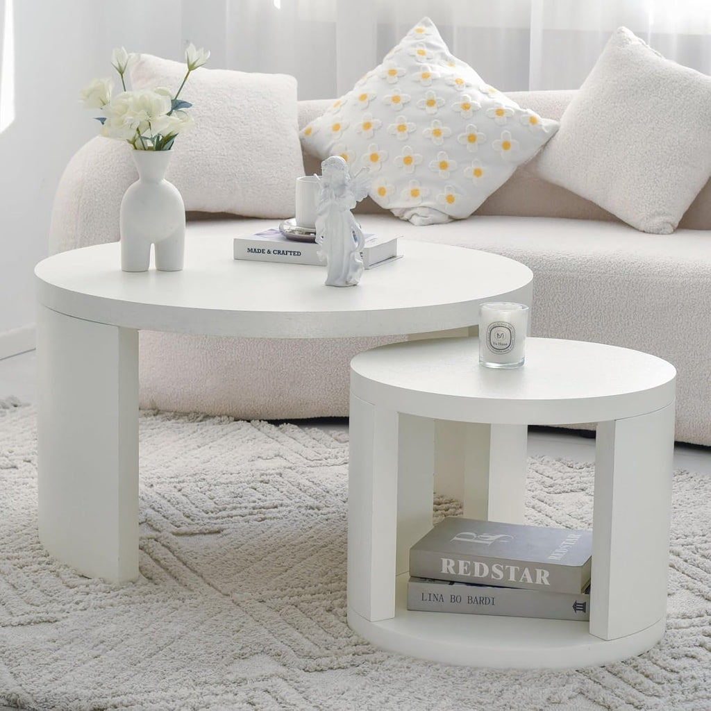Round Coffee Table Set of 2, Nesting Coffee Tables with Storage, Living Room Table Set, Modern Wood Center Table for Living Room, Apartment, 31.5' & 18' Accent Table Set, Textured White