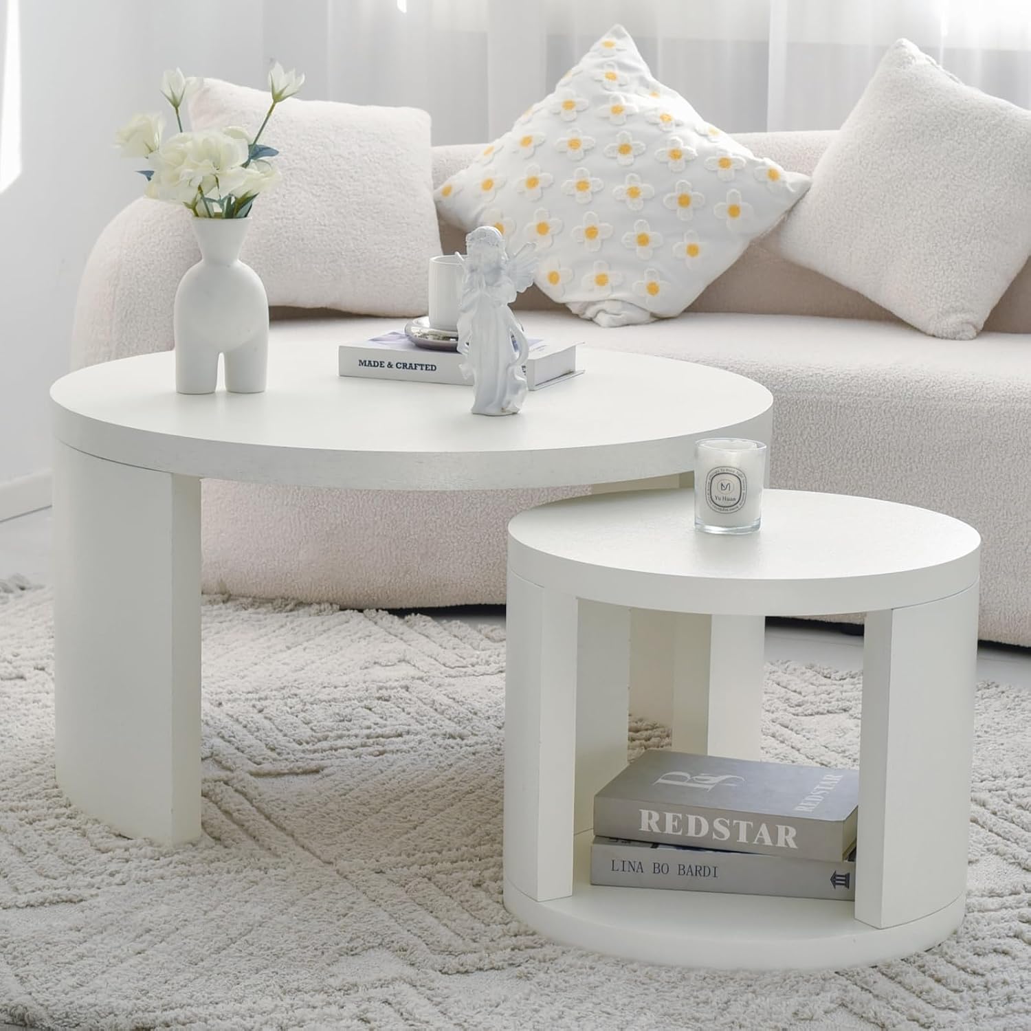 Round Coffee Table Set of 2, Nesting Coffee Tables with Storage, Living Room Table Set, Modern Wood Center Table for Living Room, Apartment, 31.5' & 18' Accent Table Set, Textured White