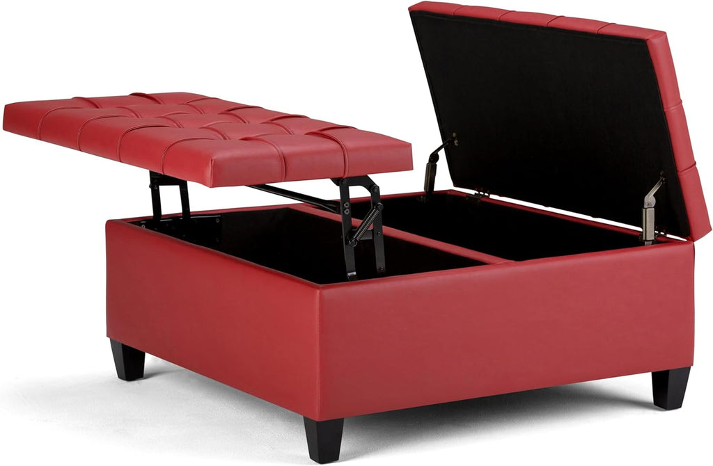 SIMPLIHOME Harrison Coffee Table Storage Ottoman - 36 inch Wide Upholstered Vegan Leather Square Lift-Top Ottoman in Crimson Red, Transitional Ottoman for Living Room with Hidden Storage