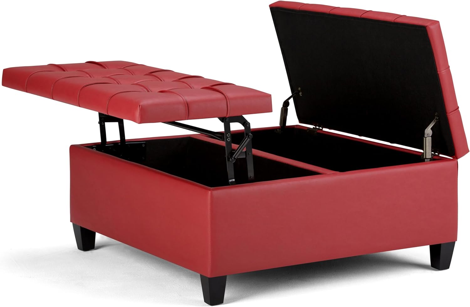 SIMPLIHOME Harrison Coffee Table Storage Ottoman - 36 inch Wide Upholstered Vegan Leather Square Lift-Top Ottoman in Crimson Red, Transitional Ottoman for Living Room with Hidden Storage