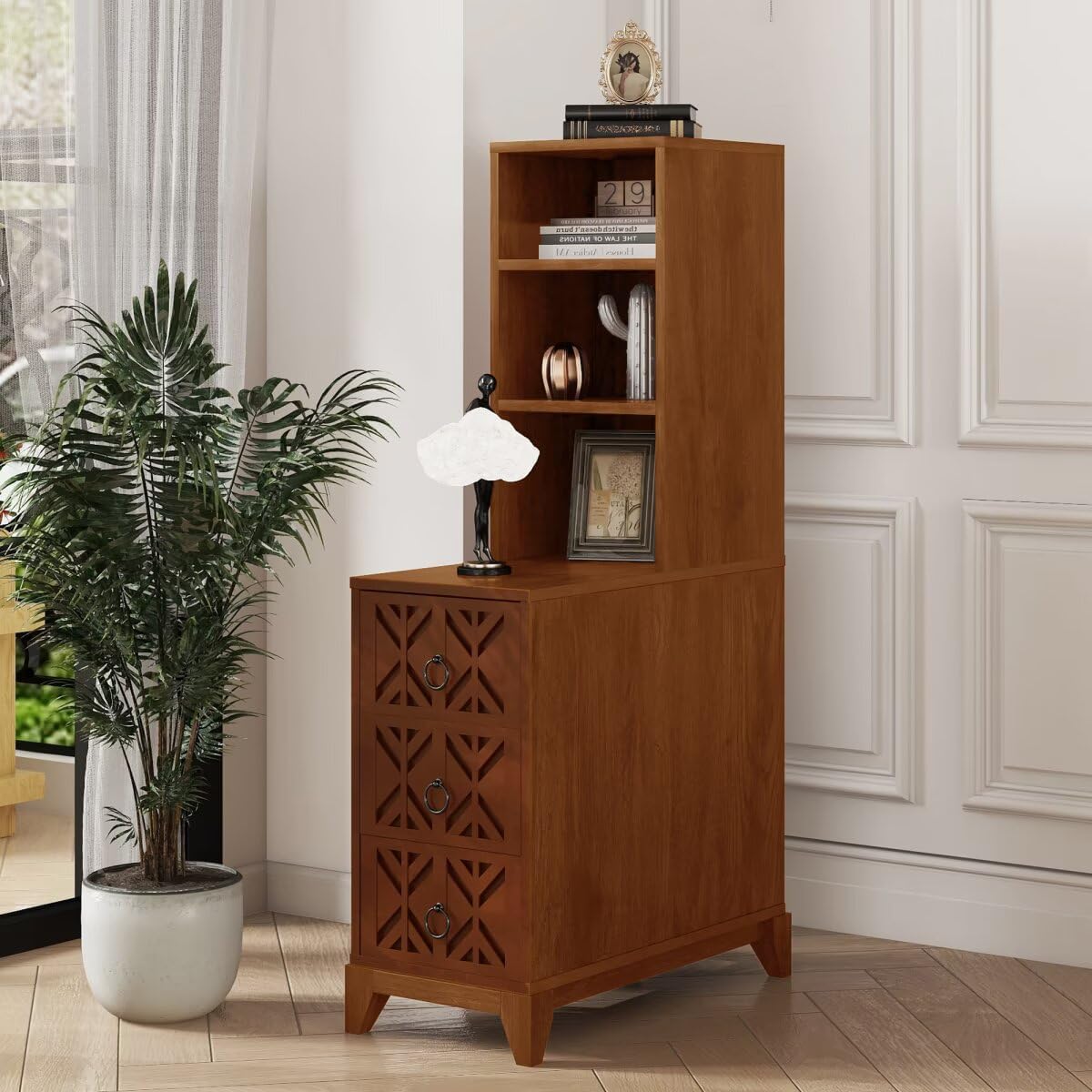 JIJIWANG 23.6' L End Table with 3 Drawers, Corner Table with 2 Open Shelves, Tall Side Table for Bedroom and Corner, Walnut,Expect Arrival Date, Natural