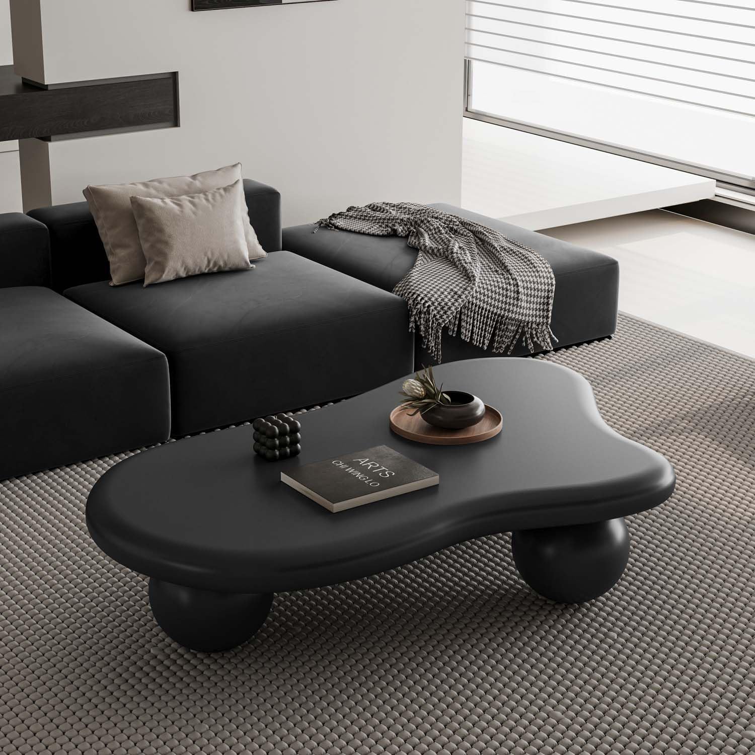 47' Modern Black Coffee Table Cloud Shape Low Center Table Cute Irregular Indoor Tea Table with 3 Ball Legs for Living Room Small Space