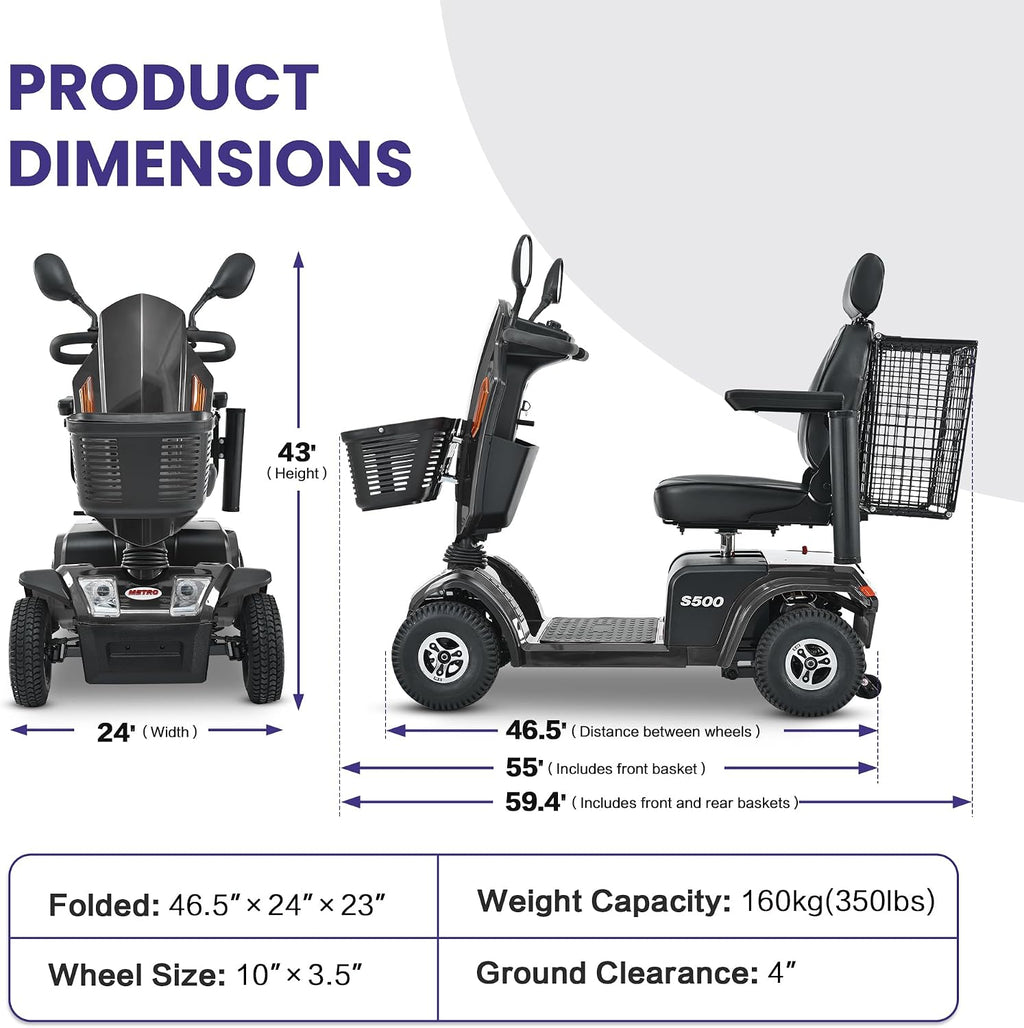 S500 4-Wheel Electric Mobility Scooter, Long-Range 52Ah Battery Up to 25 Miles, 500W Heavy-Duty Motor, 10' Pneumatic Tires, Adjustable Captain Seat, Storage Baskets for Seniors, Gloss Black