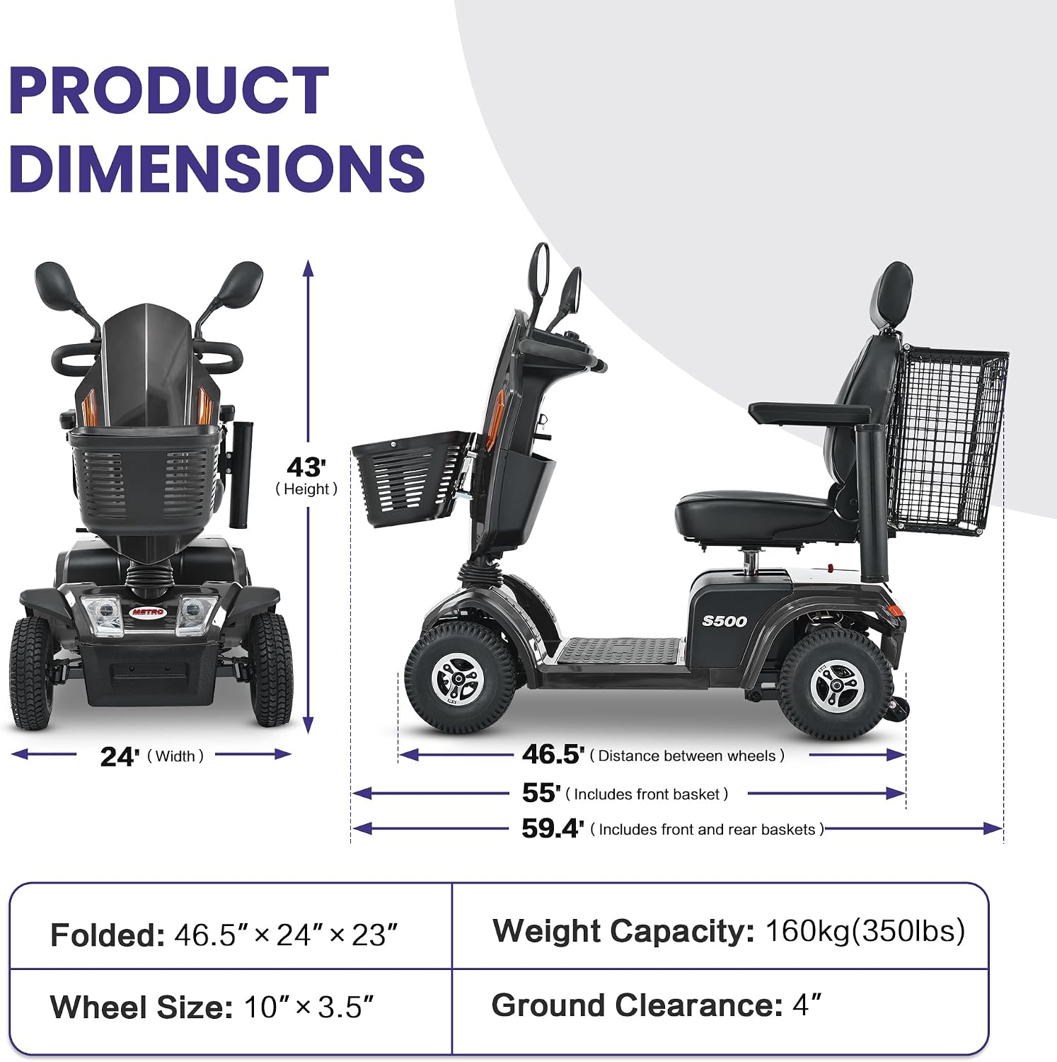 S500 4-Wheel Electric Mobility Scooter, Long-Range 52Ah Battery Up to 25 Miles, 500W Heavy-Duty Motor, 10' Pneumatic Tires, Adjustable Captain Seat, Storage Baskets for Seniors, Gloss Black