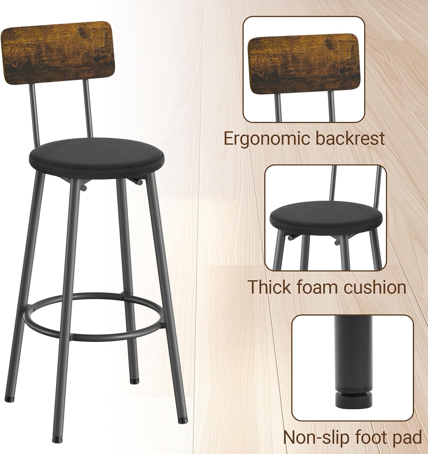 Elevon 47 in Long Bar Table Set with 4 PU Leather Bar Stools, Dining Table and Chair Sets, Industrial Tall Coffee Table and Back Chair for Kitchen, Living Room, Party Room, Pub, Brown