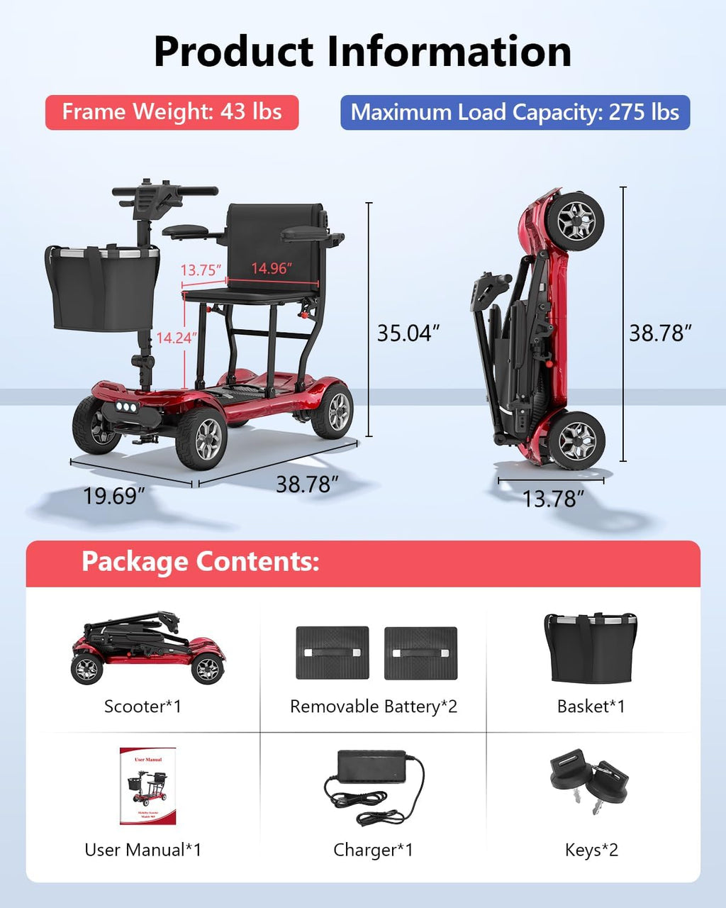 Folding Mobility Scooters for Adults Seniors - 23 Miles Long Range Travel Portable Powered 4 Wheel Electric Motorized Scooter, Cruise & Airport Approved, Removable Dual Batteries, 275 Lbs Capacity