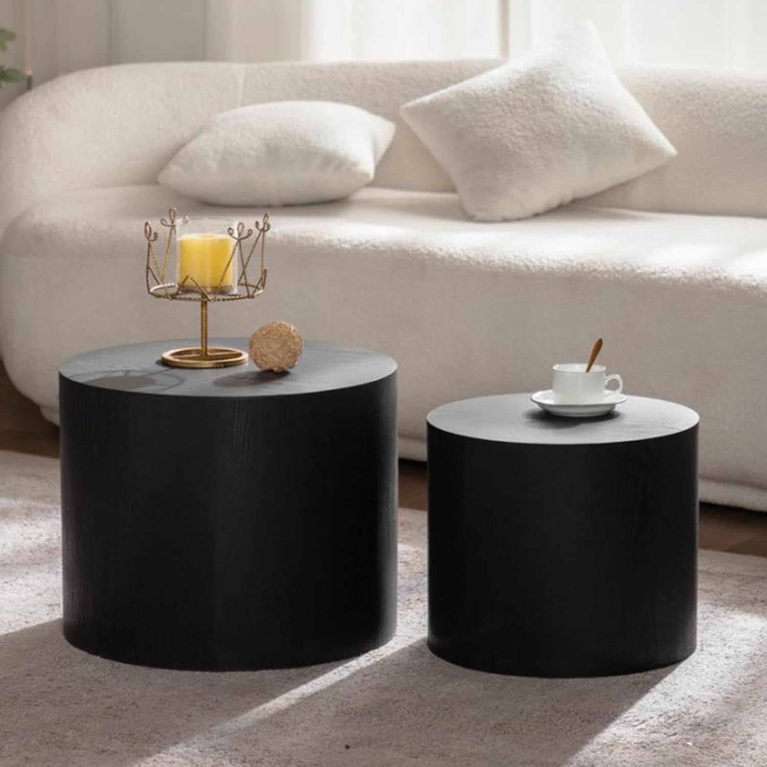 GDFStudio Round Nesting Coffee Table Set of 2, Modern Wooden Accent Side Table, Space Saving Small Circular Tea Coffee Tables and End Tables Sets for Living Room Small Space, No Assembly, Black