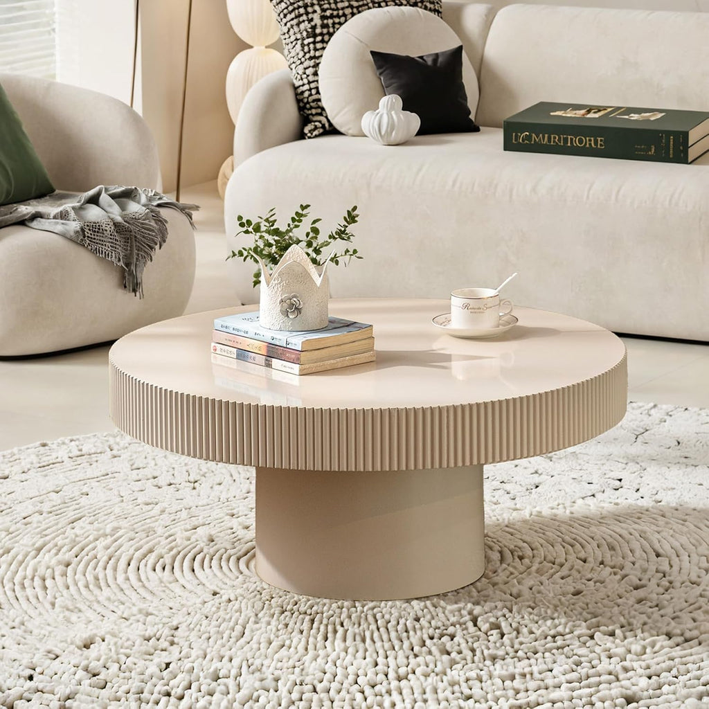 Round Fluted Coffee Table Mid Century Modern Coffee Tables with Handcrafted Relief Circle Drum End Table Rustic Industrial Center Tables for Apartment Living Room (White Round Thin)