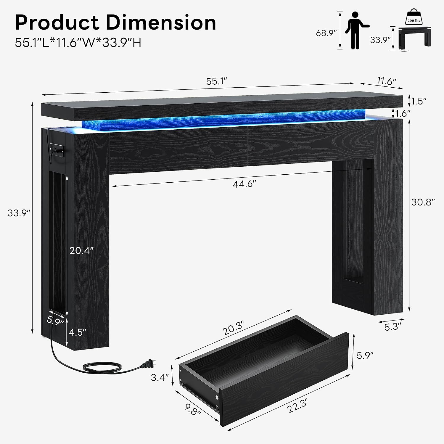 LIKIMIO Console Table with Drawers, Modern Entryway Table with LED Lights and Charging Station, Narrow Sofa Table with Storage Behind Couch for Entrance, Hallway, Living Room, Black