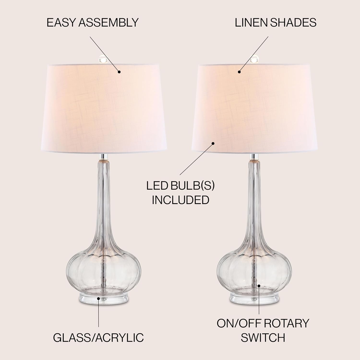 JONATHAN Y 28.5' Smoke Gray Glass Teardrop LED Table Lamp Set of 2 for Living Room Bedroom Nightstand, White Linen Shade Modern Transitional Bedside Desk Lamp (JYL1079D-SET2)
